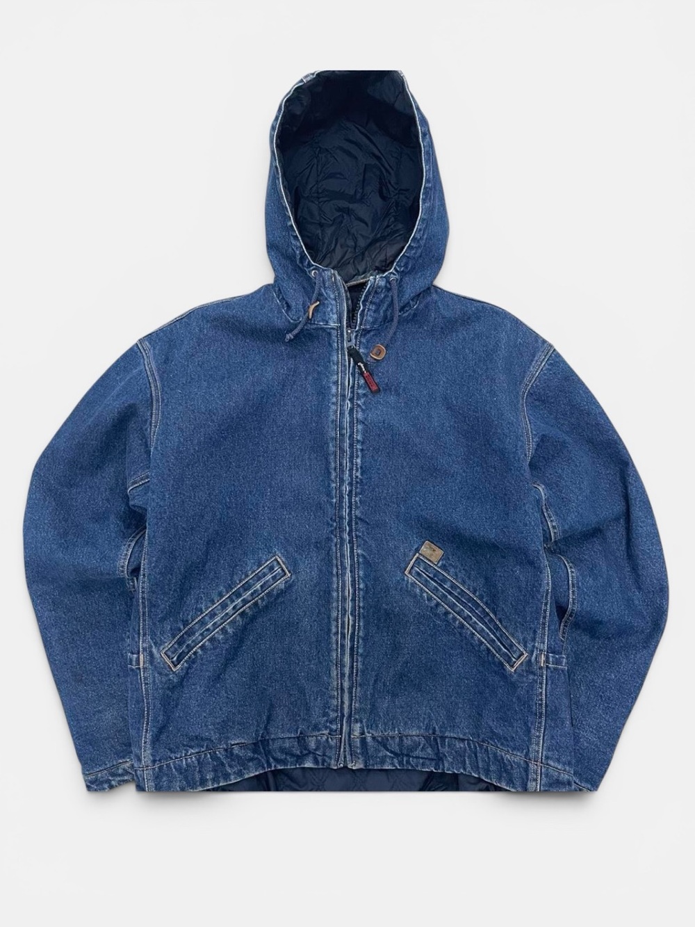 VTG Wrangler Riggs Denim Hooded Winter Jacket Work Quilt Lined Chore Mens Y2K